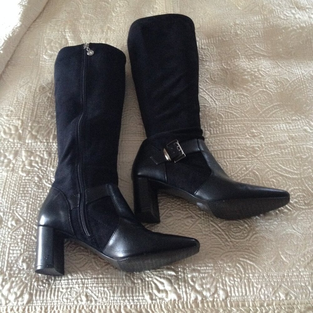 Tahari *M TA-Pippen Black Suede and Leather Knee High Boots
